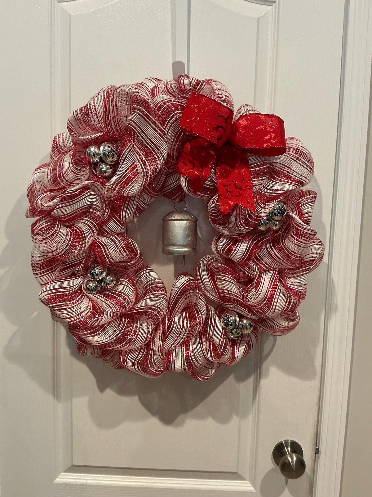 Red White Striped Christmas Wreath with Bells and Bow – Festive Holiday Door Decor — photo 3