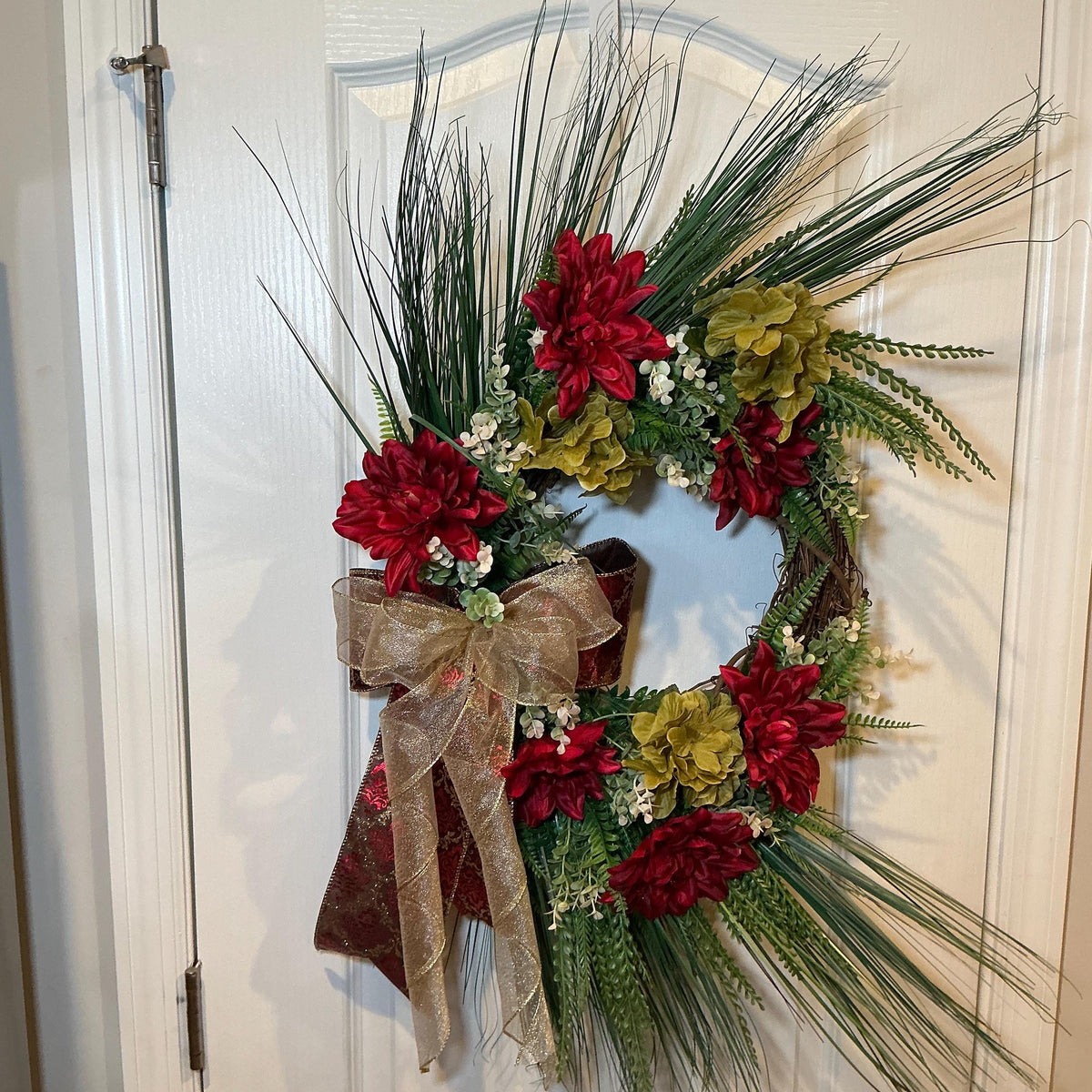 Burgundy Dahlia Christmas Wreath with Sage Hydrangea and Gold Bow, Front Door Decor — actual product photo 