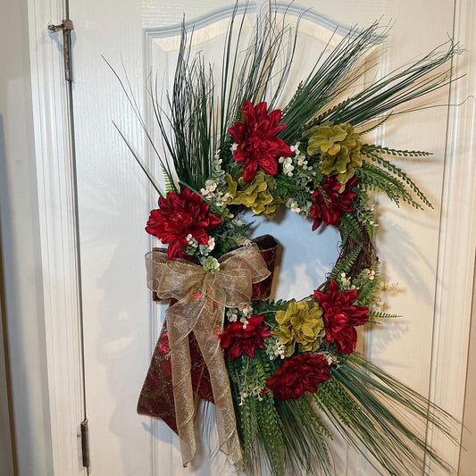 Burgundy Dahlia Christmas Wreath with Sage Hydrangea and Gold Bow, Front Door Decor — actual product photo 