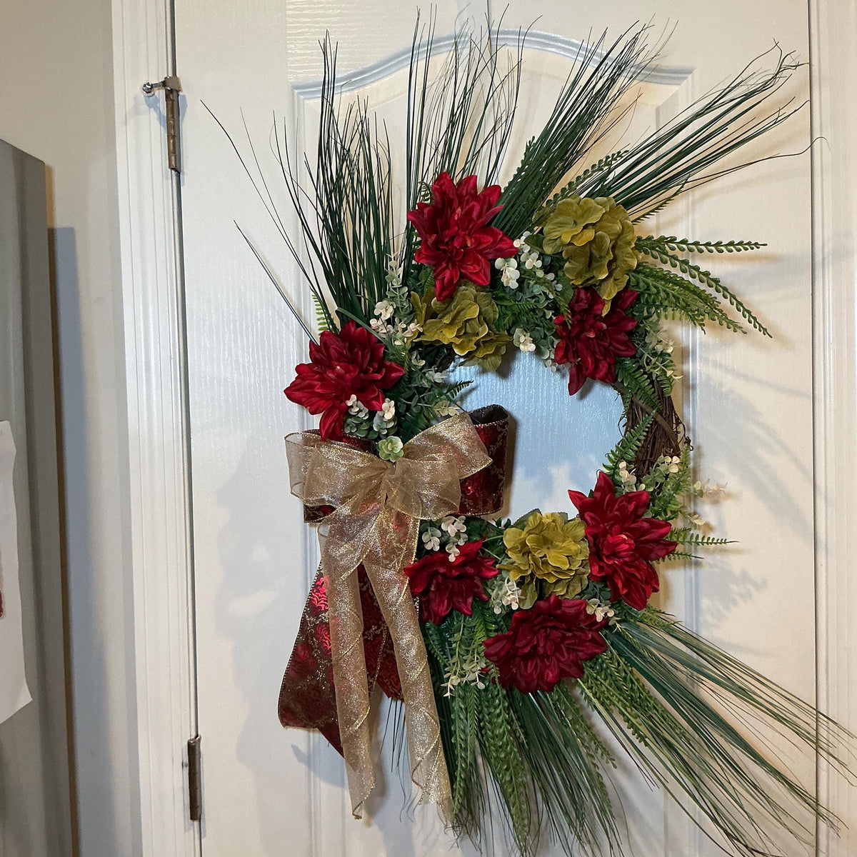 Burgundy Dahlia Christmas Wreath with Sage Hydrangea and Gold Bow, Front Door Decor — photo 2 