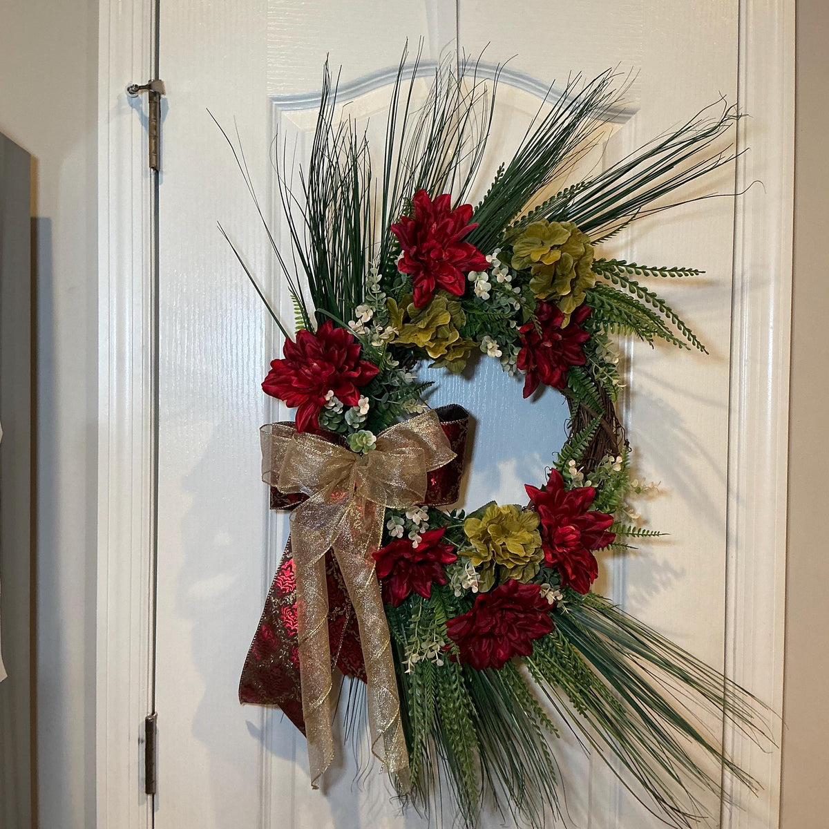 Burgundy Dahlia Christmas Wreath with Sage Hydrangea and Gold Bow, Front Door Decor — photo 3 