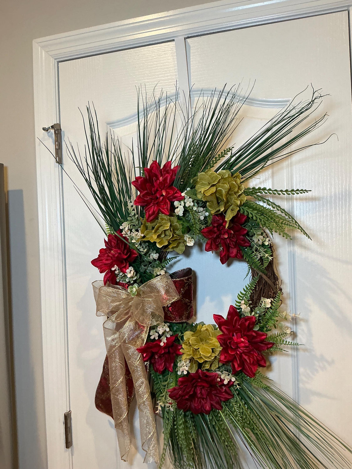 Burgundy Dahlia Christmas Wreath with Sage Hydrangea and Gold Bow, Front Door Decor — photo 5 