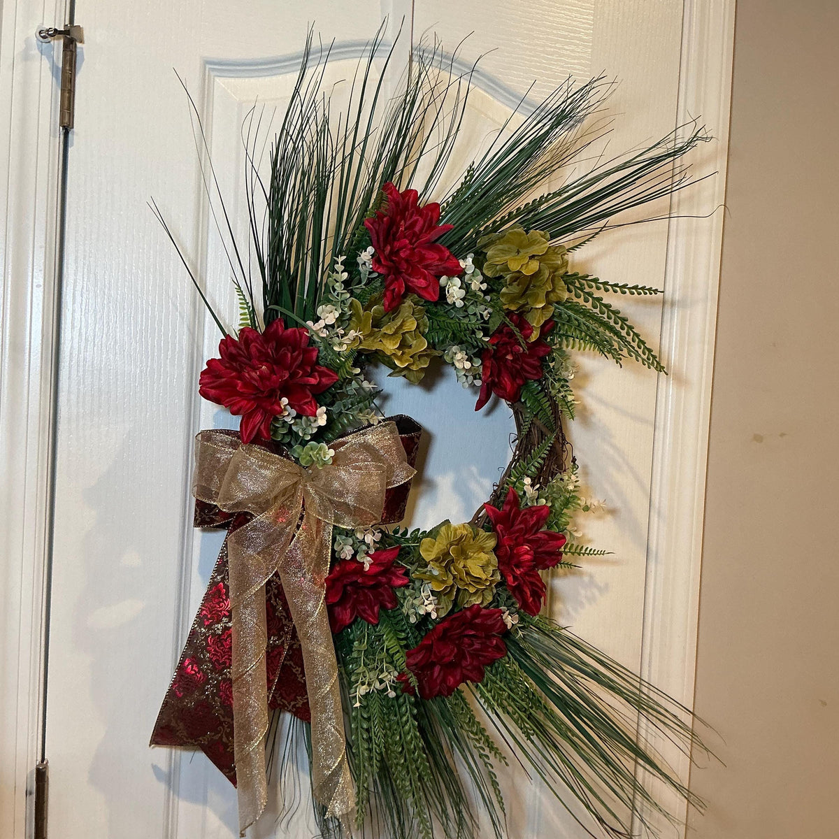 Burgundy Dahlia Christmas Wreath with Sage Hydrangea and Gold Bow, Front Door Decor — photo 7 