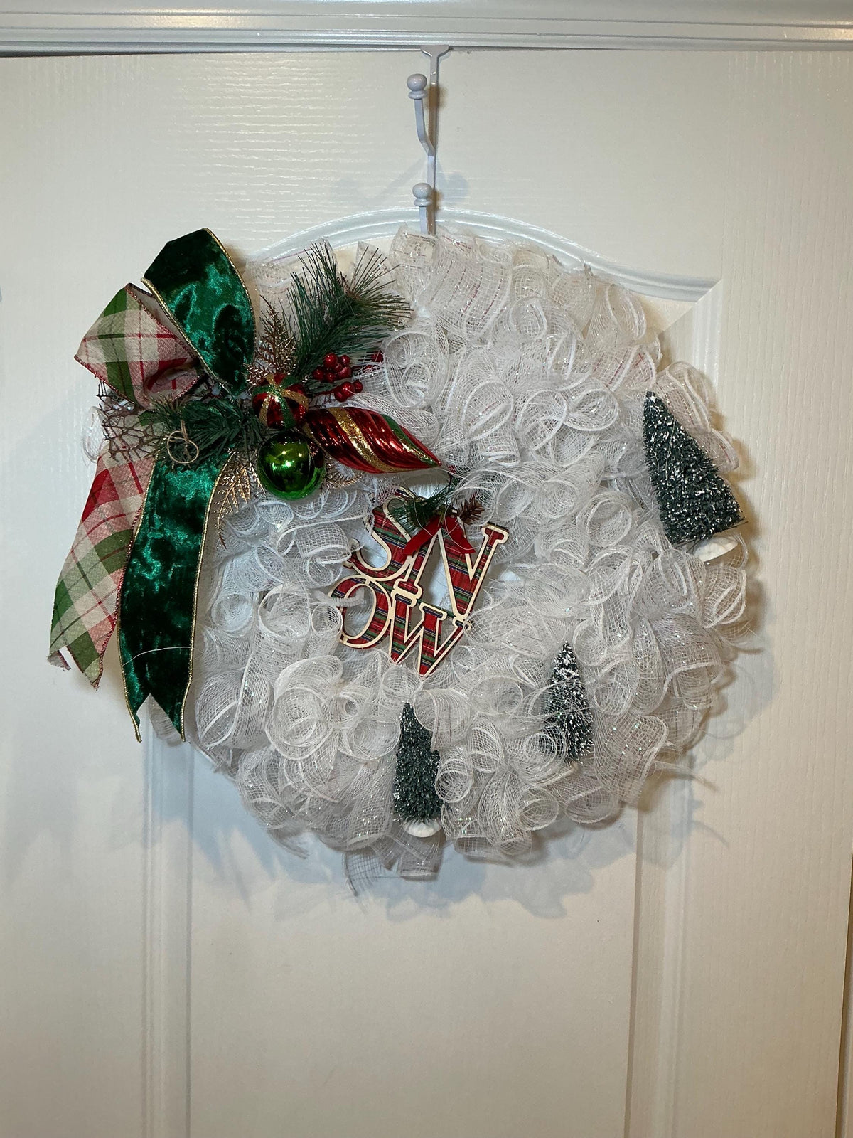 White Christmas Wreath, Snow Sign, Bottle Brush Trees, Plaid Bow (14 Inch) — actual product photo