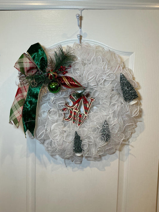White Christmas Wreath, Snow Sign, Bottle Brush Trees, Plaid Bow (14 Inch) — actual product photo