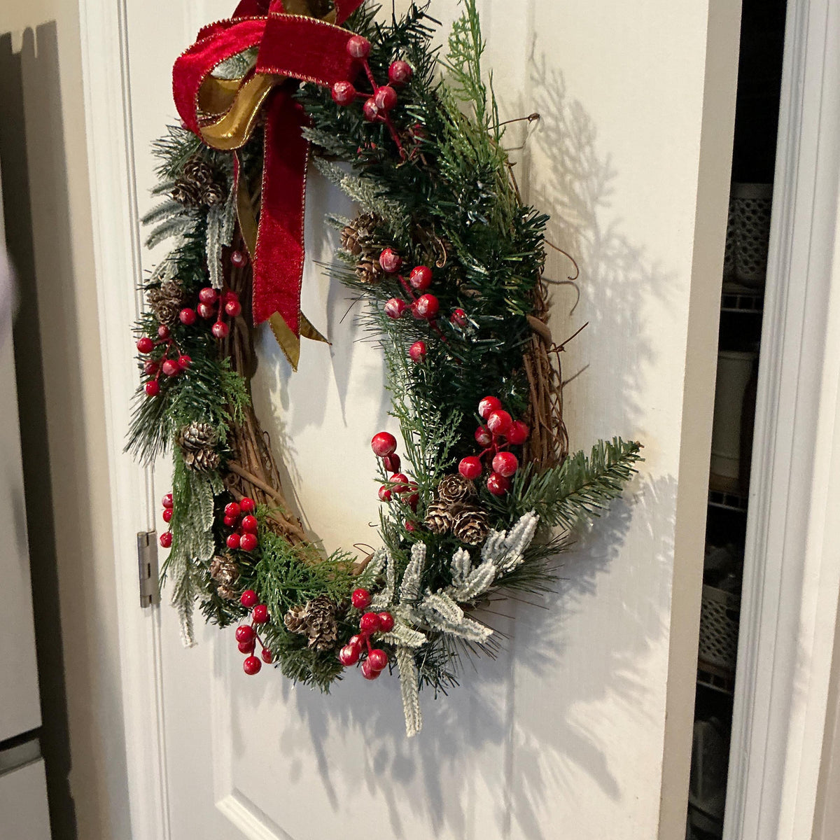Flocked Christmas Wreath, Red Berries, Pinecones, Red Velvet Bow, Grapevine Base — photo 2