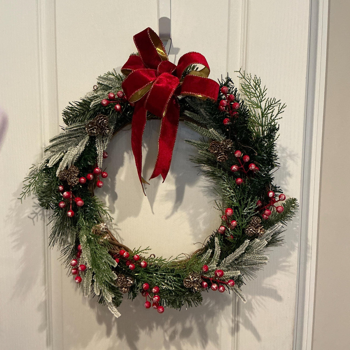 Flocked Christmas Wreath, Red Berries, Pinecones, Red Velvet Bow, Grapevine Base — photo 3