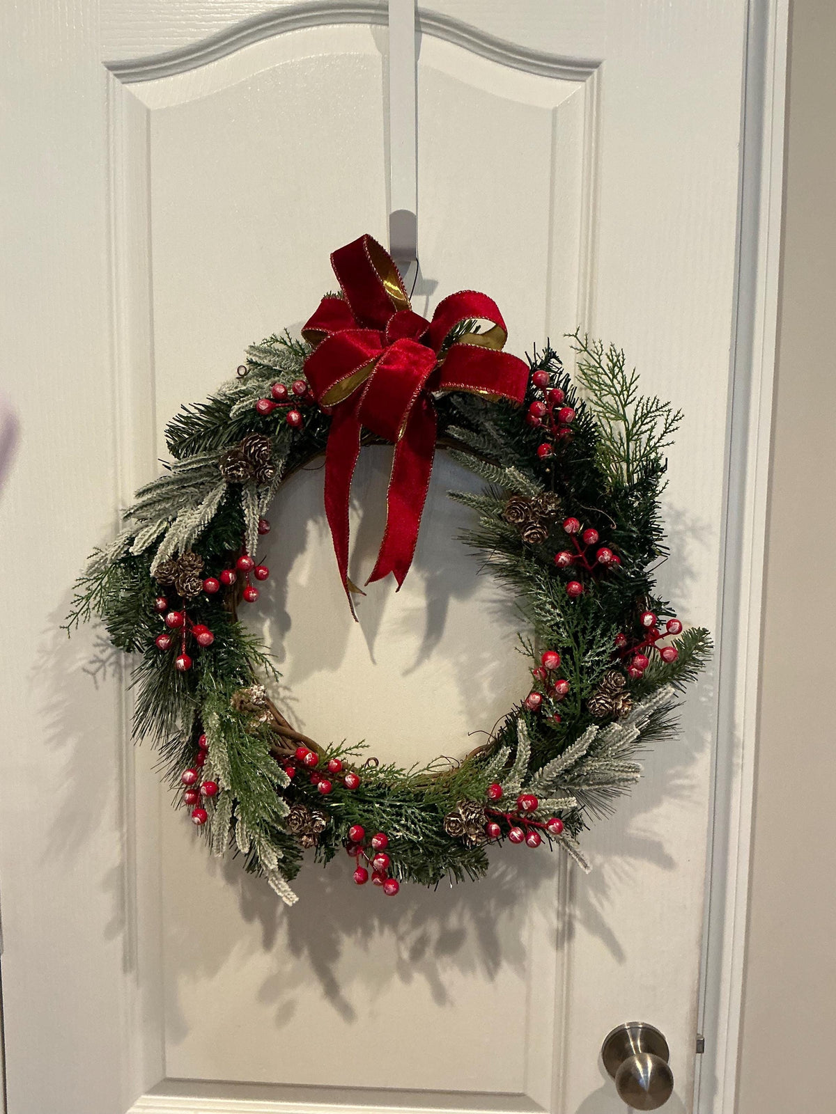 Flocked Christmas Wreath, Red Berries, Pinecones, Red Velvet Bow, Grapevine Base — photo 4