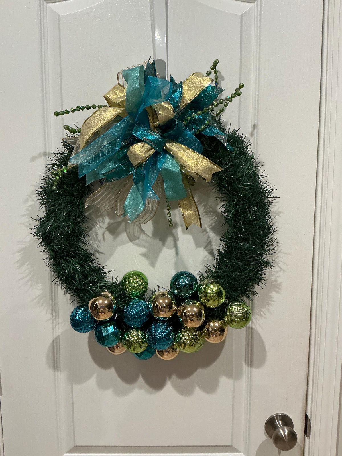 Teal Gold Christmas Wreath: Lush Pine, Ornaments, Layered Bow Holiday Decor — actual product photo