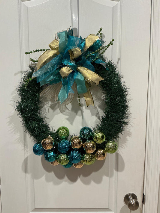 Teal Gold Christmas Wreath: Lush Pine, Ornaments, Layered Bow Holiday Decor — actual product photo