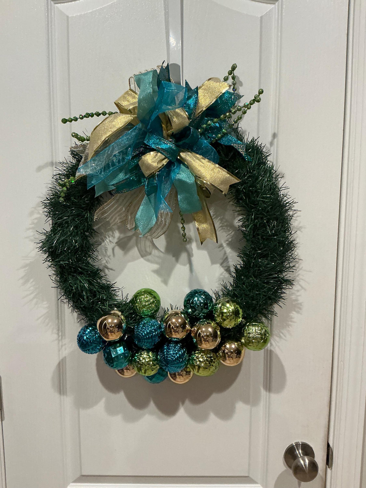 Teal Gold Christmas Wreath: Lush Pine, Ornaments, Layered Bow Holiday Decor — photo 2