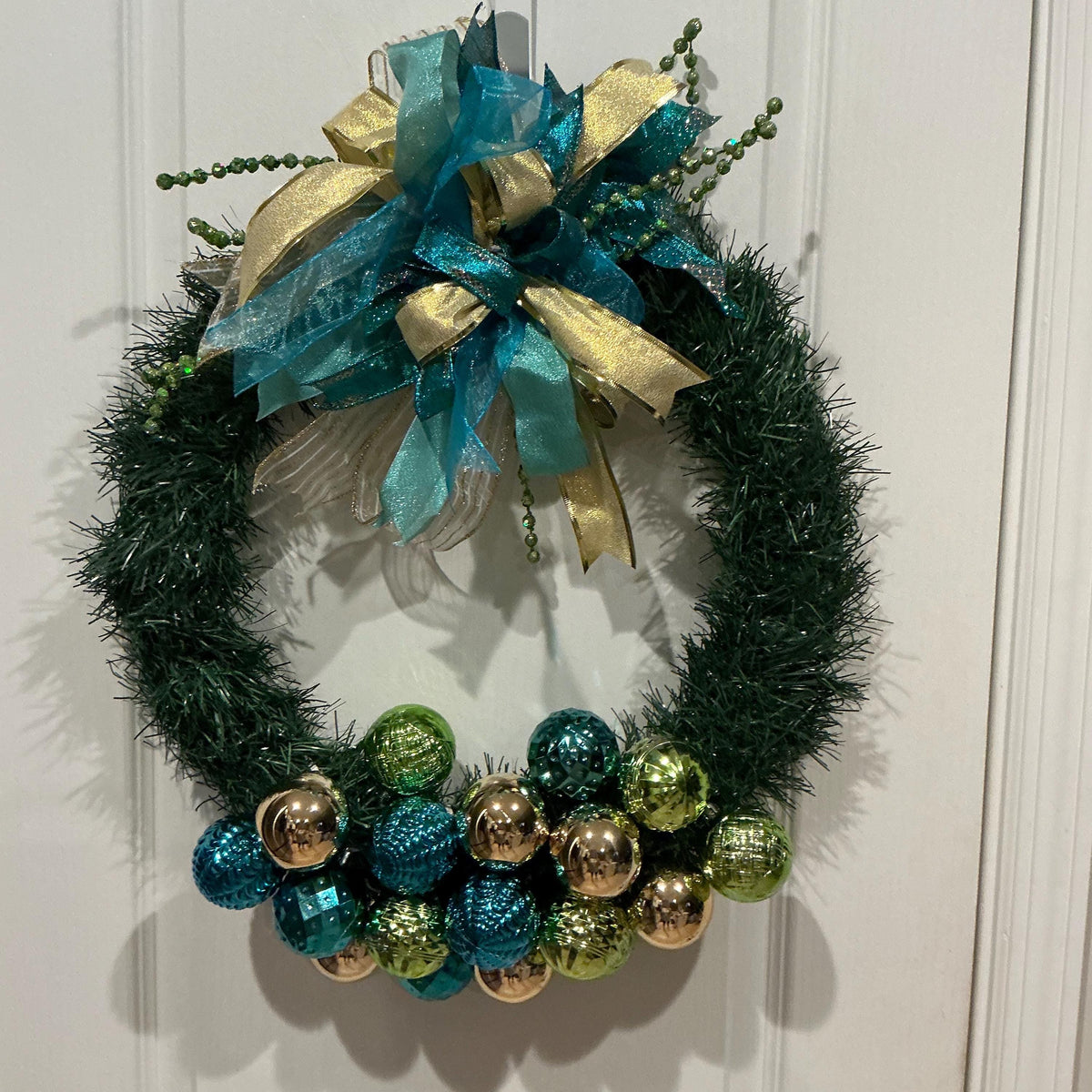 Teal Gold Christmas Wreath: Lush Pine, Ornaments, Layered Bow Holiday Decor — photo 3