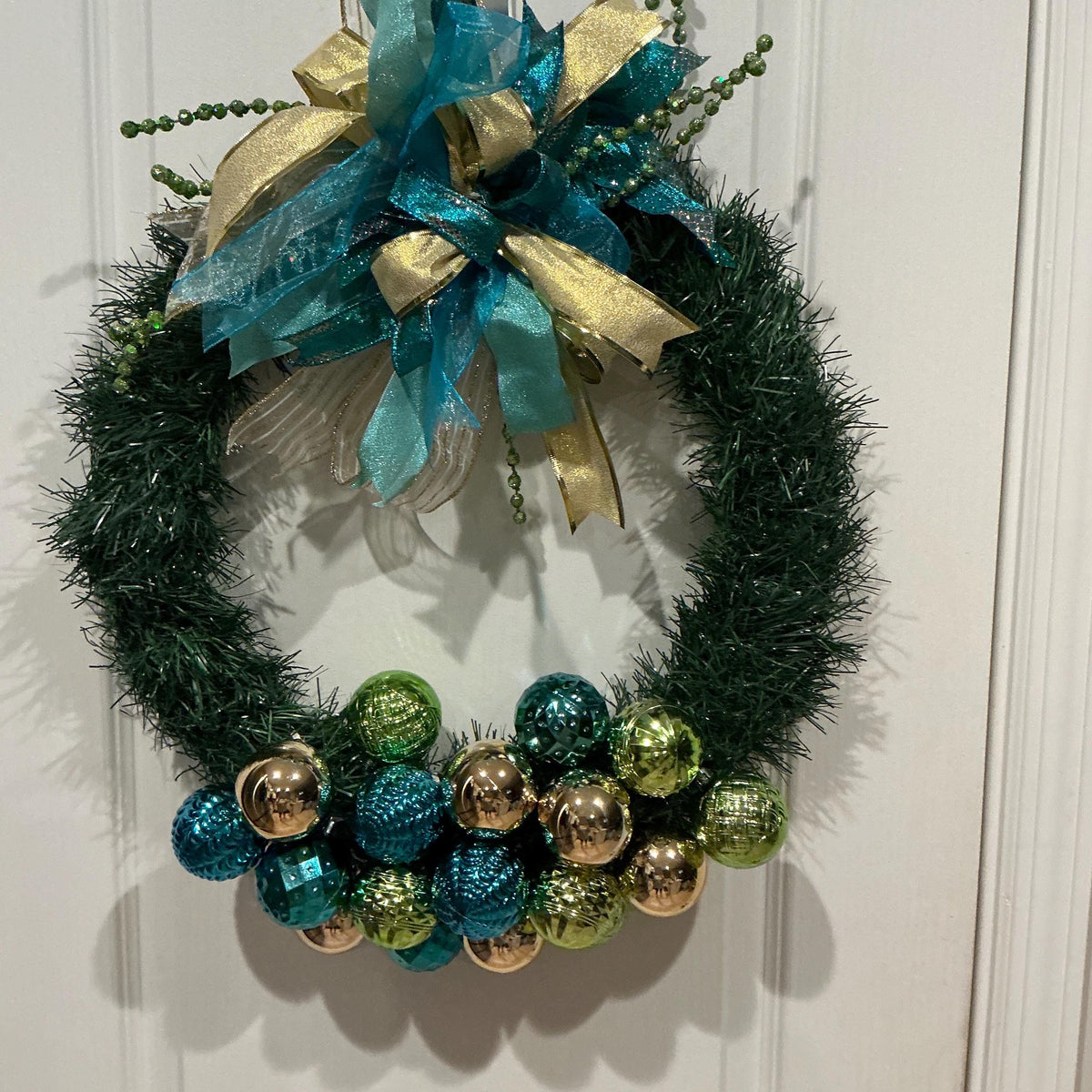 Teal Gold Christmas Wreath: Lush Pine, Ornaments, Layered Bow Holiday Decor — photo 4