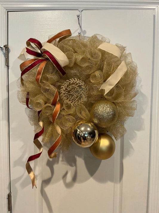 14 Inch Gold Christmas Wreath: Joy to the World Decor, Burgundy Ribbon, Ornaments — actual product photo