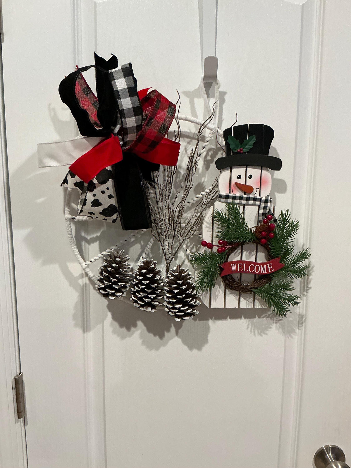 Handmade Snowman Door Hanger, Buffalo Check Wreath, Farmhouse Christmas Decor — actual product photo