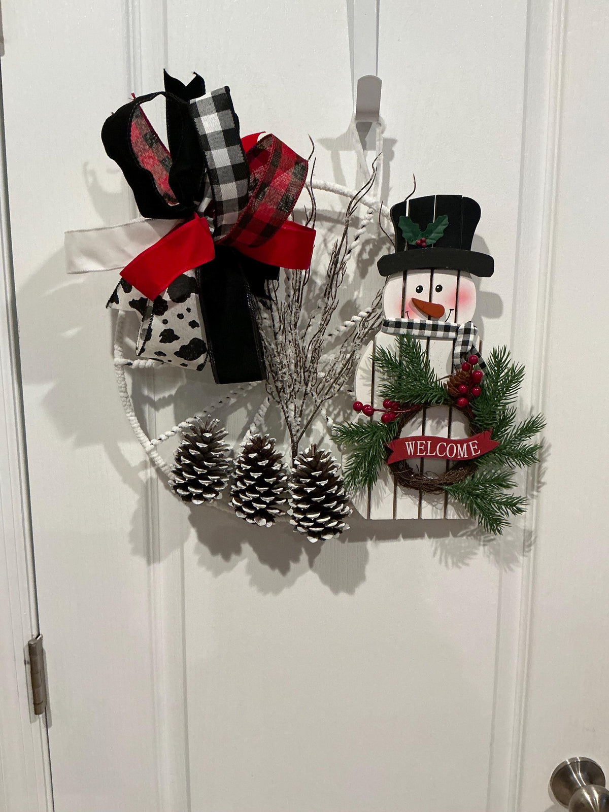 Handmade Snowman Door Hanger, Buffalo Check Wreath, Farmhouse Christmas Decor — photo 2