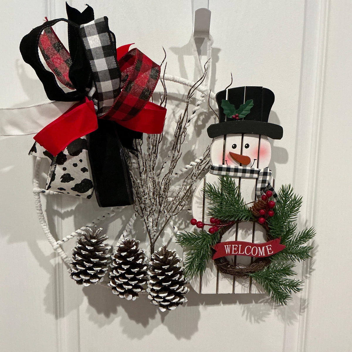 Handmade Snowman Door Hanger, Buffalo Check Wreath, Farmhouse Christmas Decor — photo 3