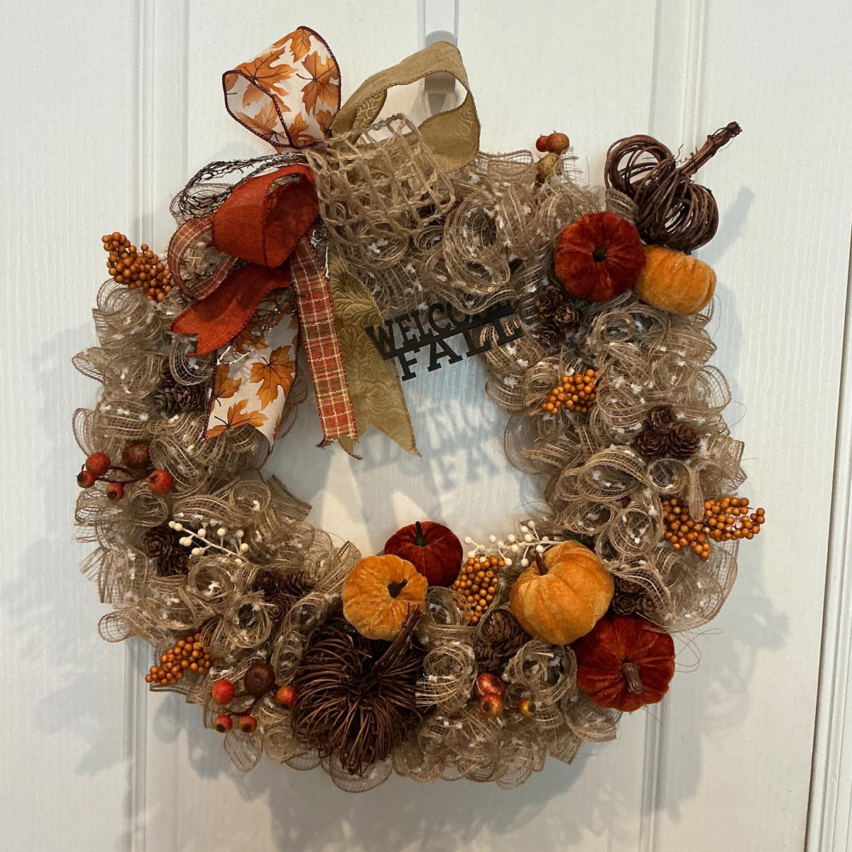 Neutral Pumpkin Fall Wreath, 16 Inch Deco Mesh Farmhouse Door Decor — actual product photo