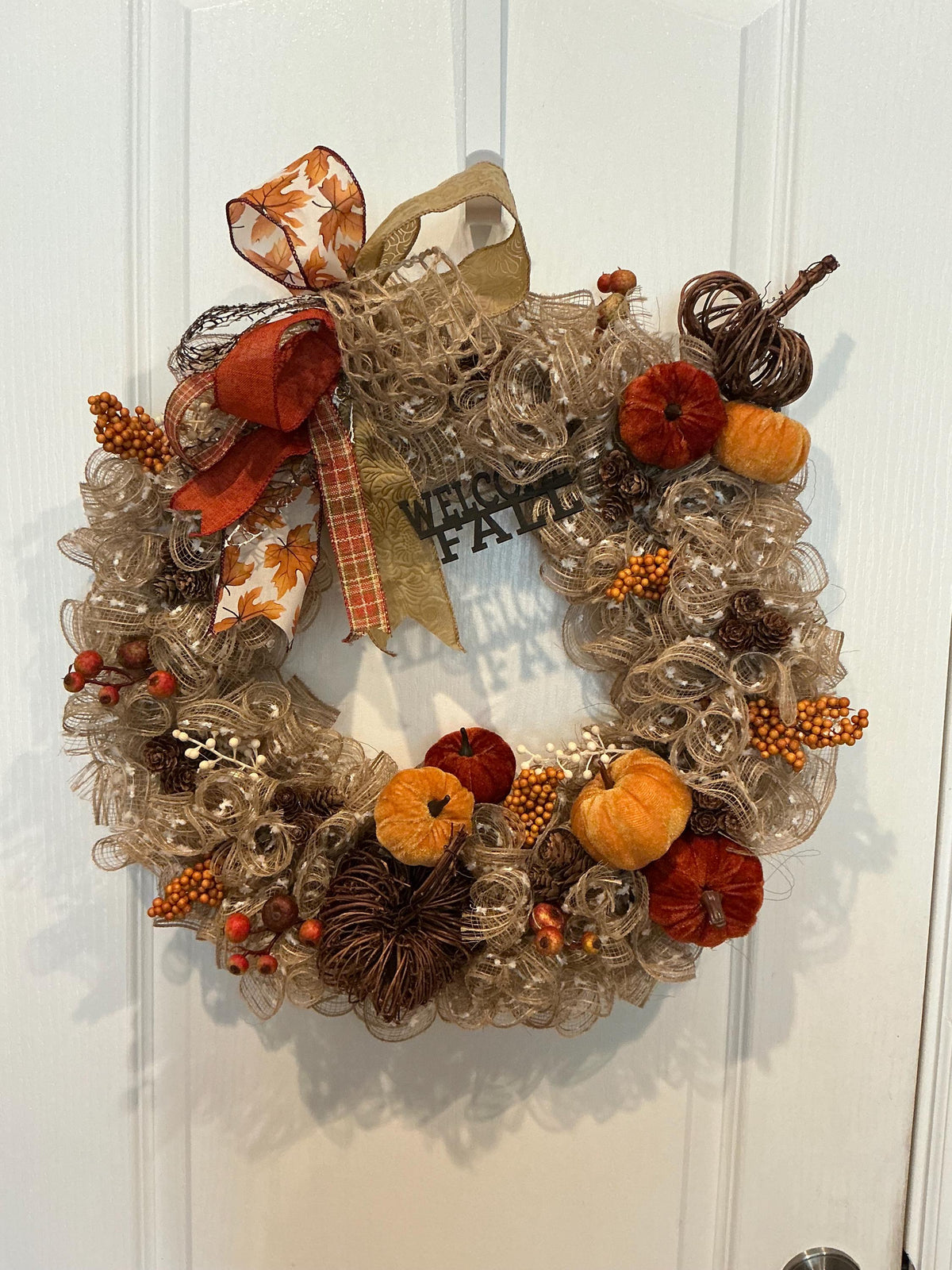 Neutral Pumpkin Fall Wreath, 16 Inch Deco Mesh Farmhouse Door Decor — photo 2