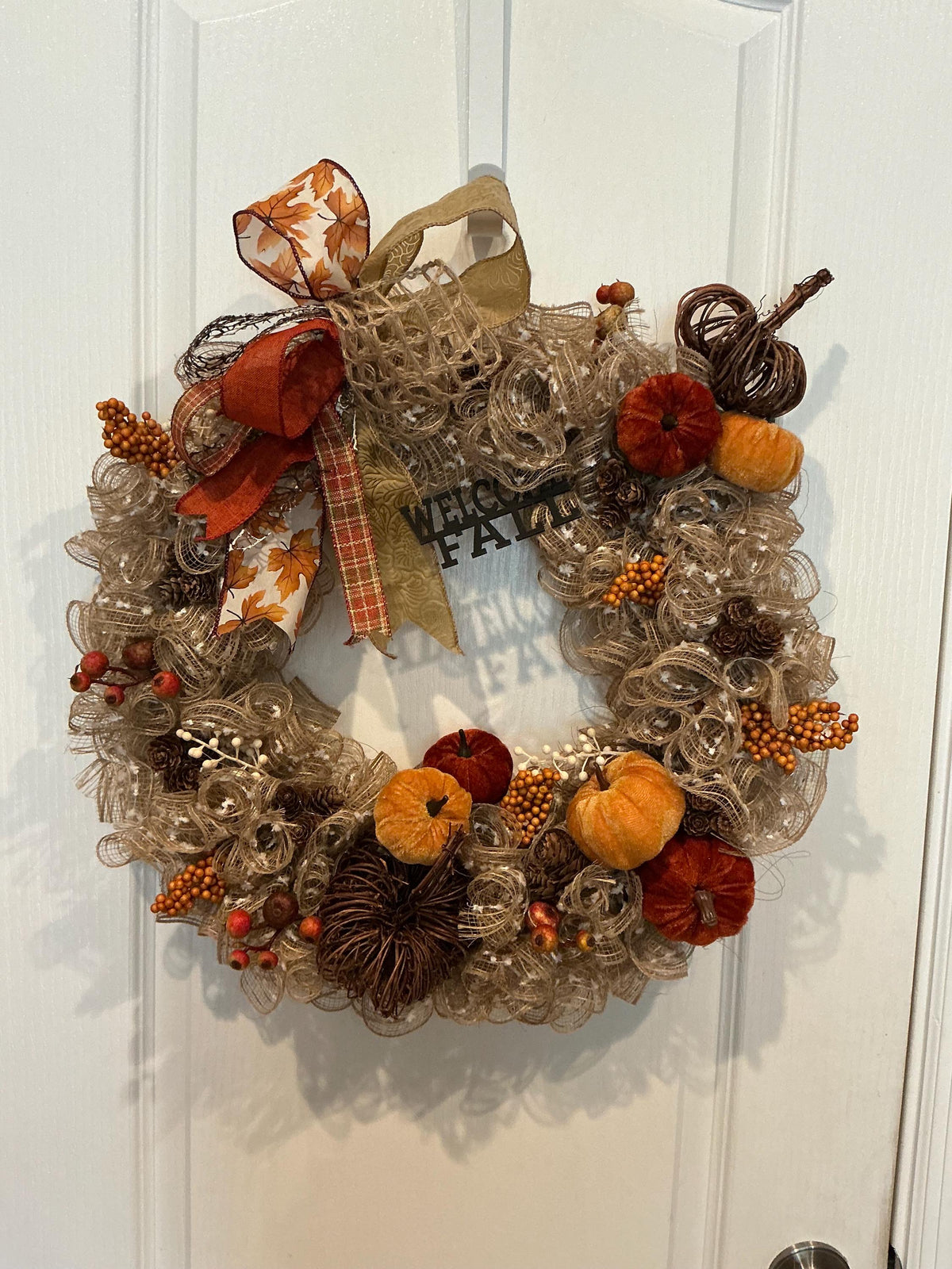Neutral Pumpkin Fall Wreath, 16 Inch Deco Mesh Farmhouse Door Decor — photo 3
