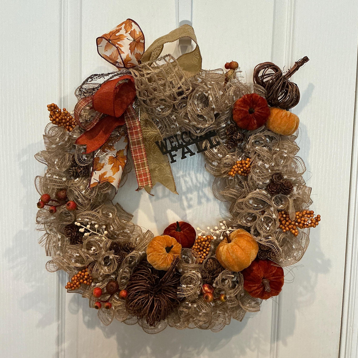 Neutral Pumpkin Fall Wreath, 16 Inch Deco Mesh Farmhouse Door Decor — photo 4