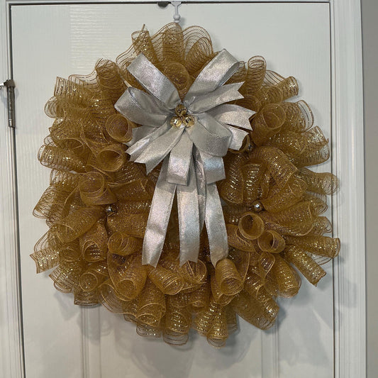 Gold Mesh Wreath 16in Silver Bow Classic Christmas Front Door Wreath Holiday Decor Silver Gold Jingle Bells Elegant — actual product photo