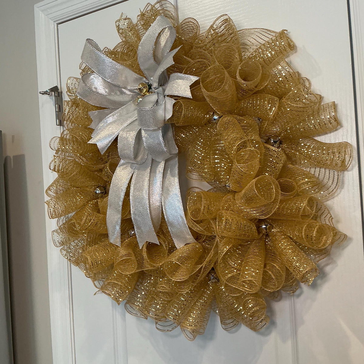 Gold Mesh Wreath 16in Silver Bow Classic Christmas Front Door Wreath Holiday Decor Silver Gold Jingle Bells Elegant — photo 2