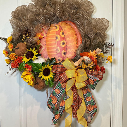 Scarecrow Sunflower Pumpkin Fall Wreath, 16 Inch Gingham Bow Door Decor — actual product photo