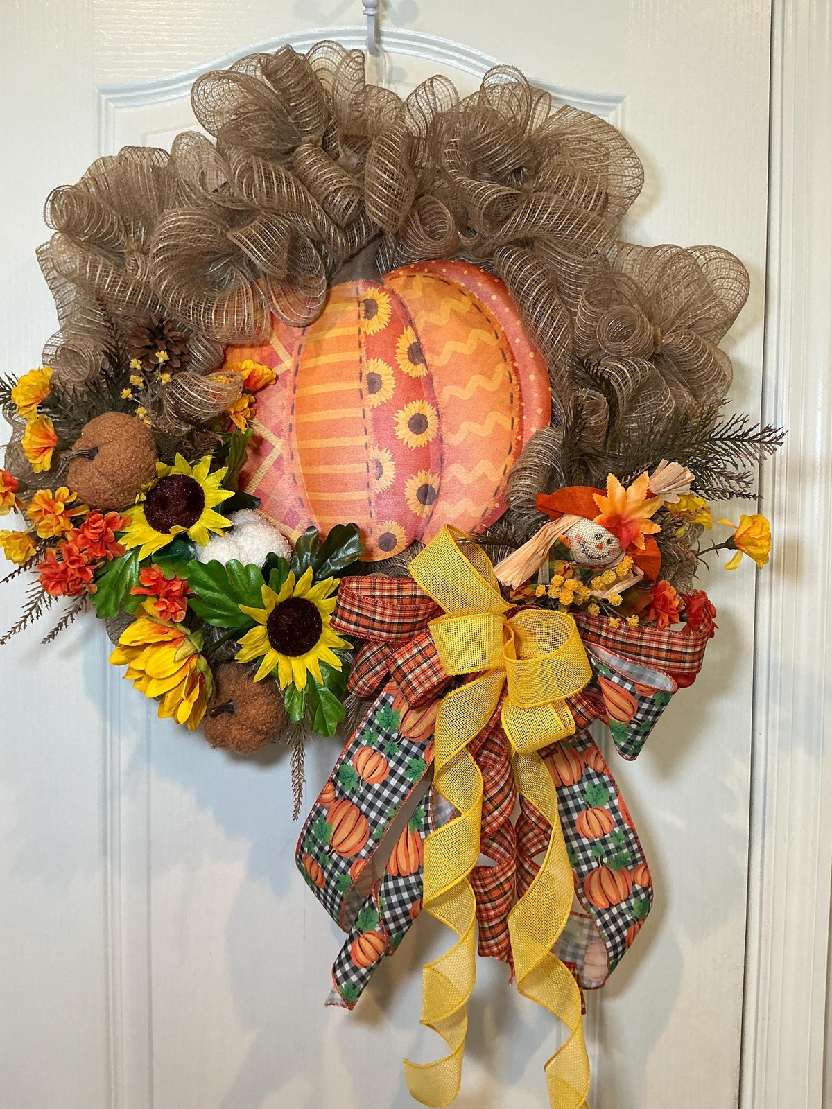 Scarecrow Sunflower Pumpkin Fall Wreath, 16 Inch Gingham Bow Door Decor — photo 2