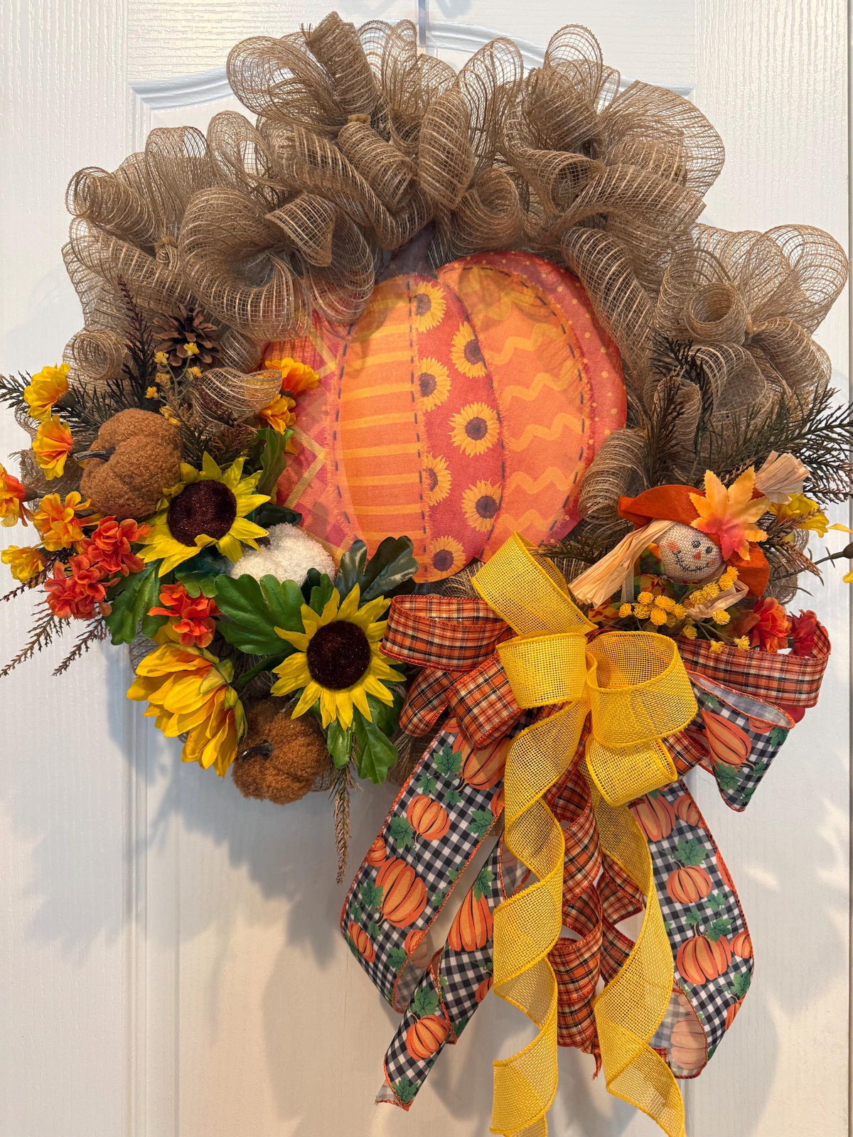 Scarecrow Sunflower Pumpkin Fall Wreath, 16 Inch Gingham Bow Door Decor — photo 3