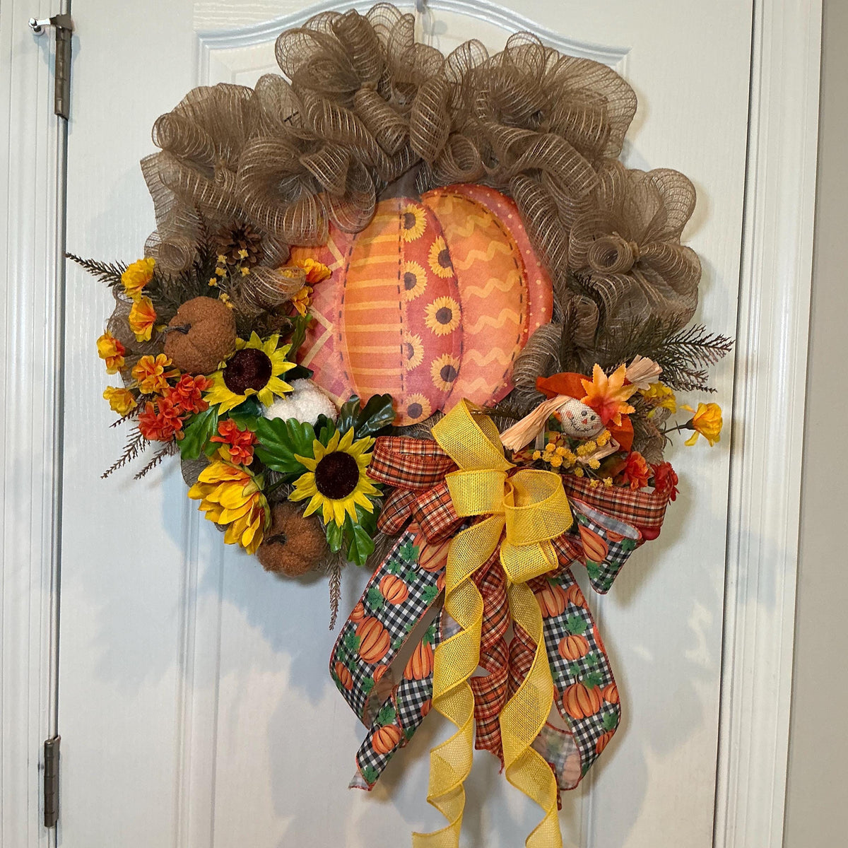 Scarecrow Sunflower Pumpkin Fall Wreath, 16 Inch Gingham Bow Door Decor — photo 6