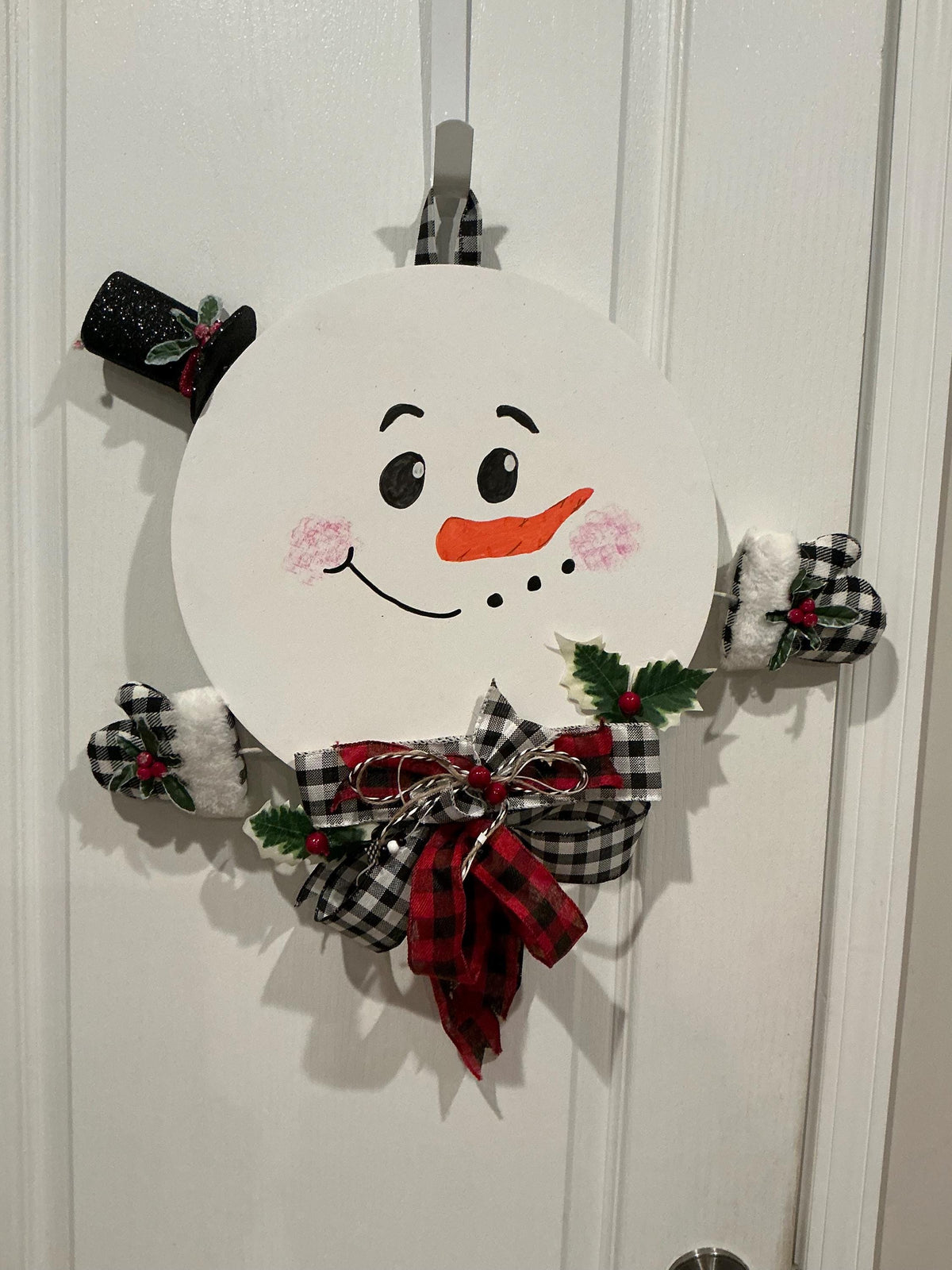 Hand-Painted Snowman Door Hanger, Buffalo Check Mittens, Farmhouse Winter Decor — actual product photo