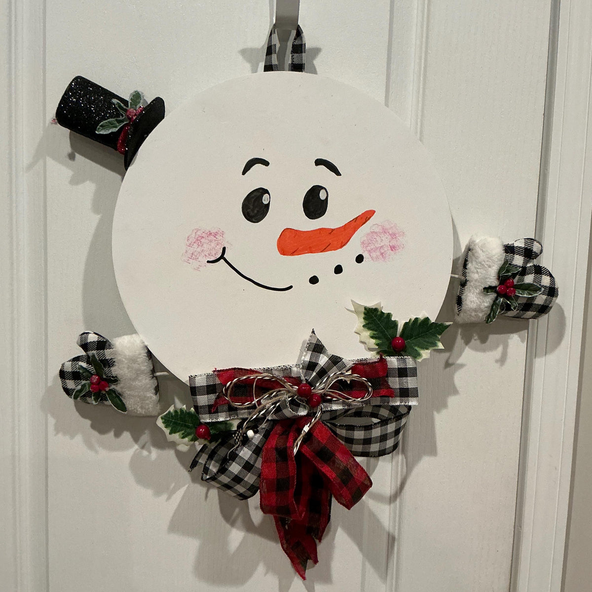 Hand-Painted Snowman Door Hanger, Buffalo Check Mittens, Farmhouse Winter Decor — photo 2