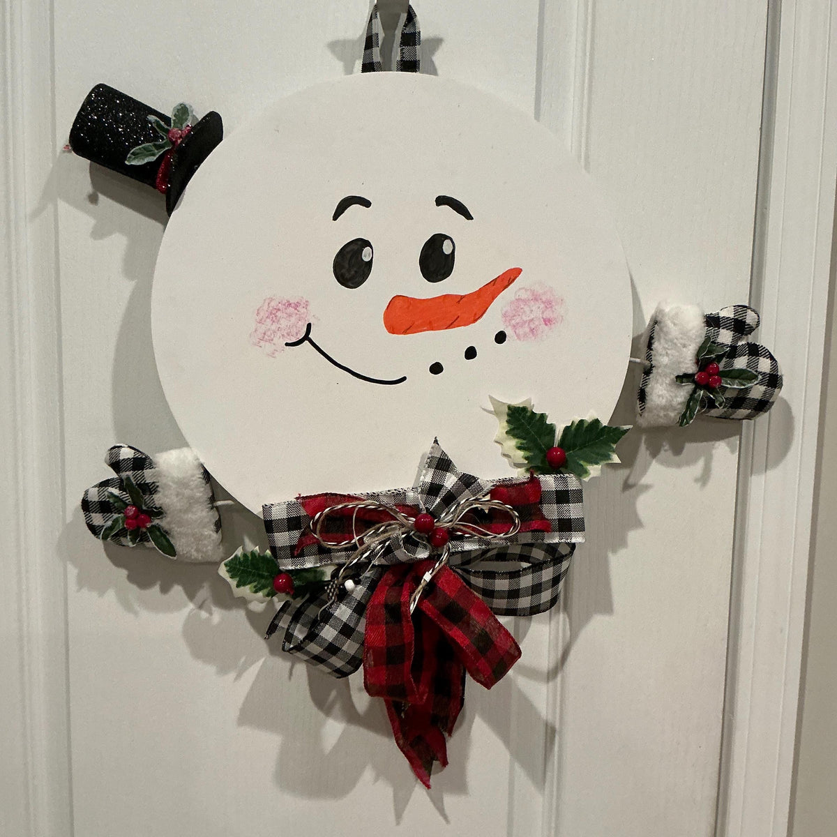 Hand-Painted Snowman Door Hanger, Buffalo Check Mittens, Farmhouse Winter Decor — photo 3