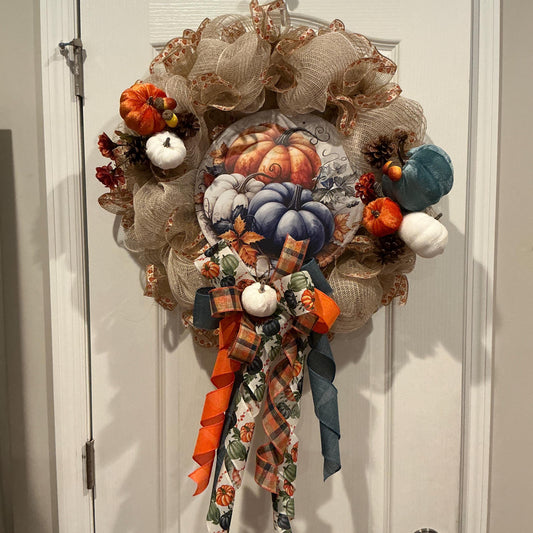 Navy Blue Pumpkin Fall Wreath, 18 Inch Burlap Mesh with Autumn Sign — actual product photo