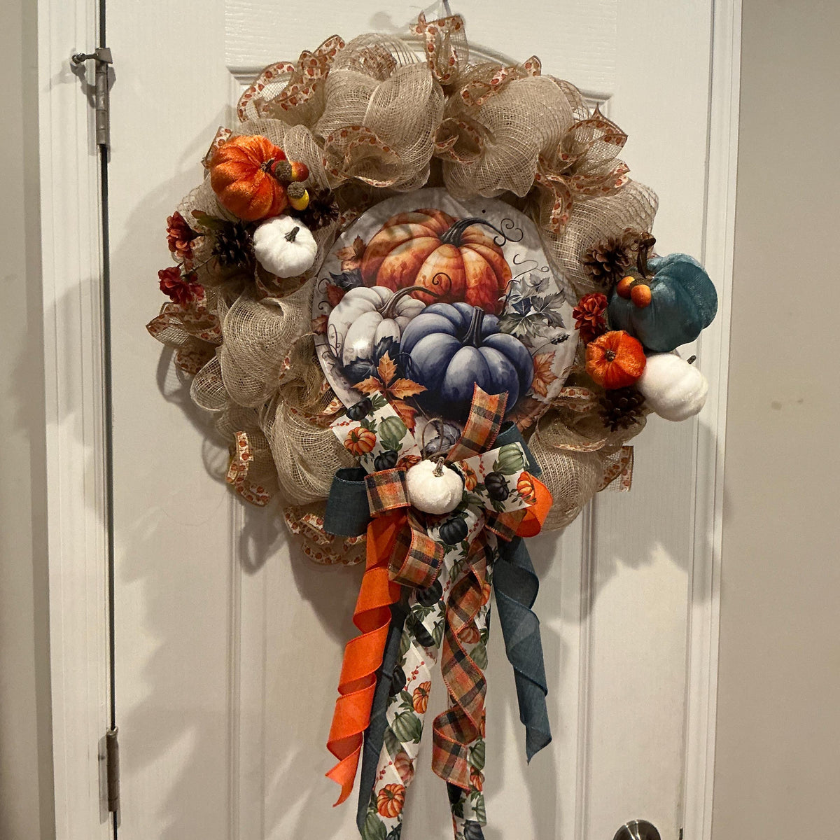 Navy Blue Pumpkin Fall Wreath, 18 Inch Burlap Mesh with Autumn Sign — photo 2