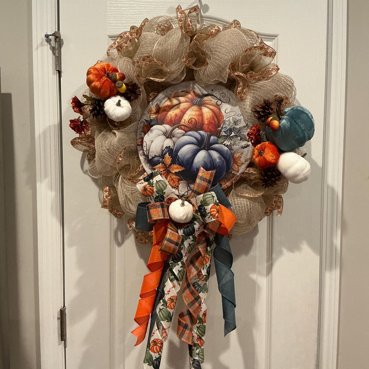 Navy Blue Pumpkin Fall Wreath, 18 Inch Burlap Mesh with Autumn Sign — photo 3