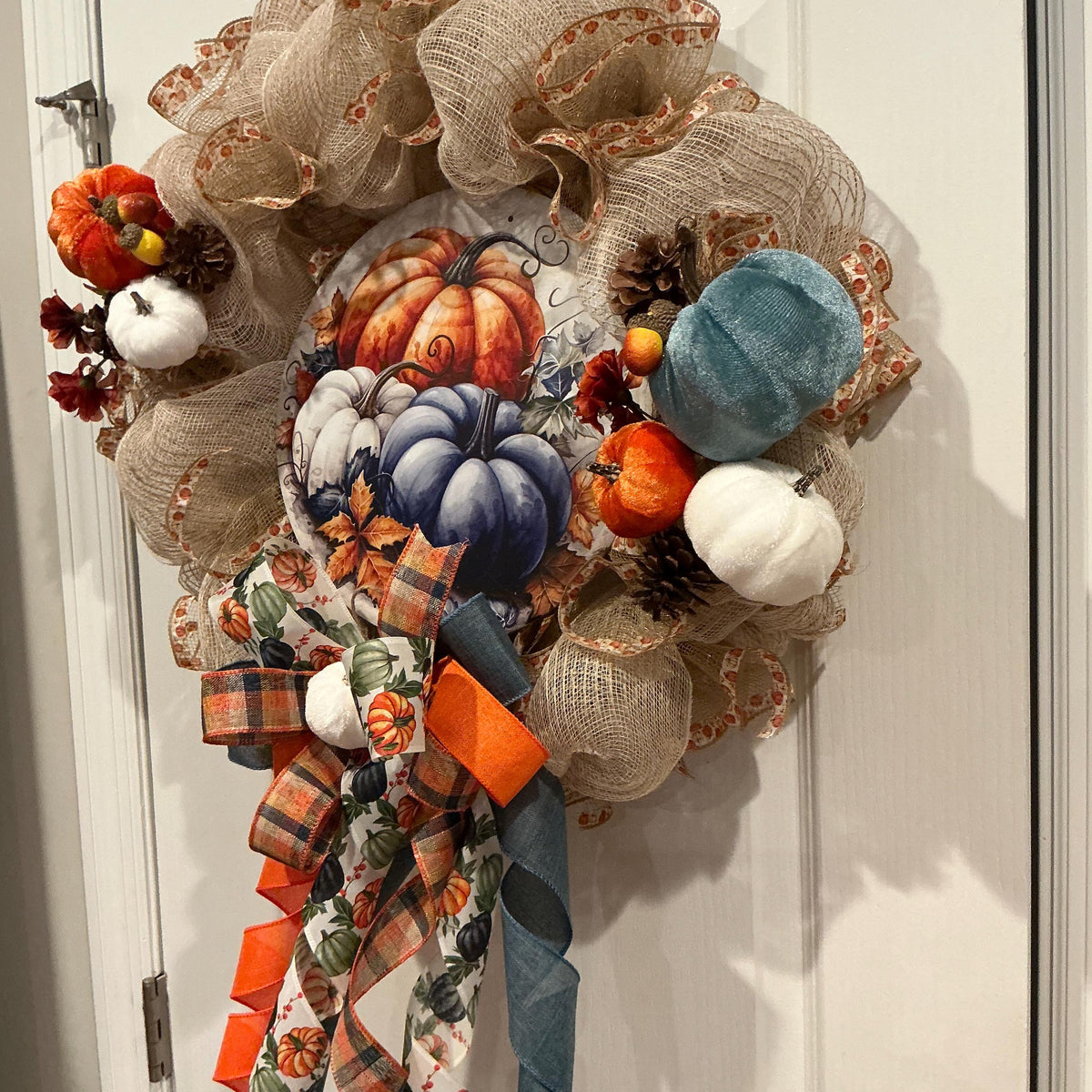 Navy Blue Pumpkin Fall Wreath, 18 Inch Burlap Mesh with Autumn Sign — photo 4