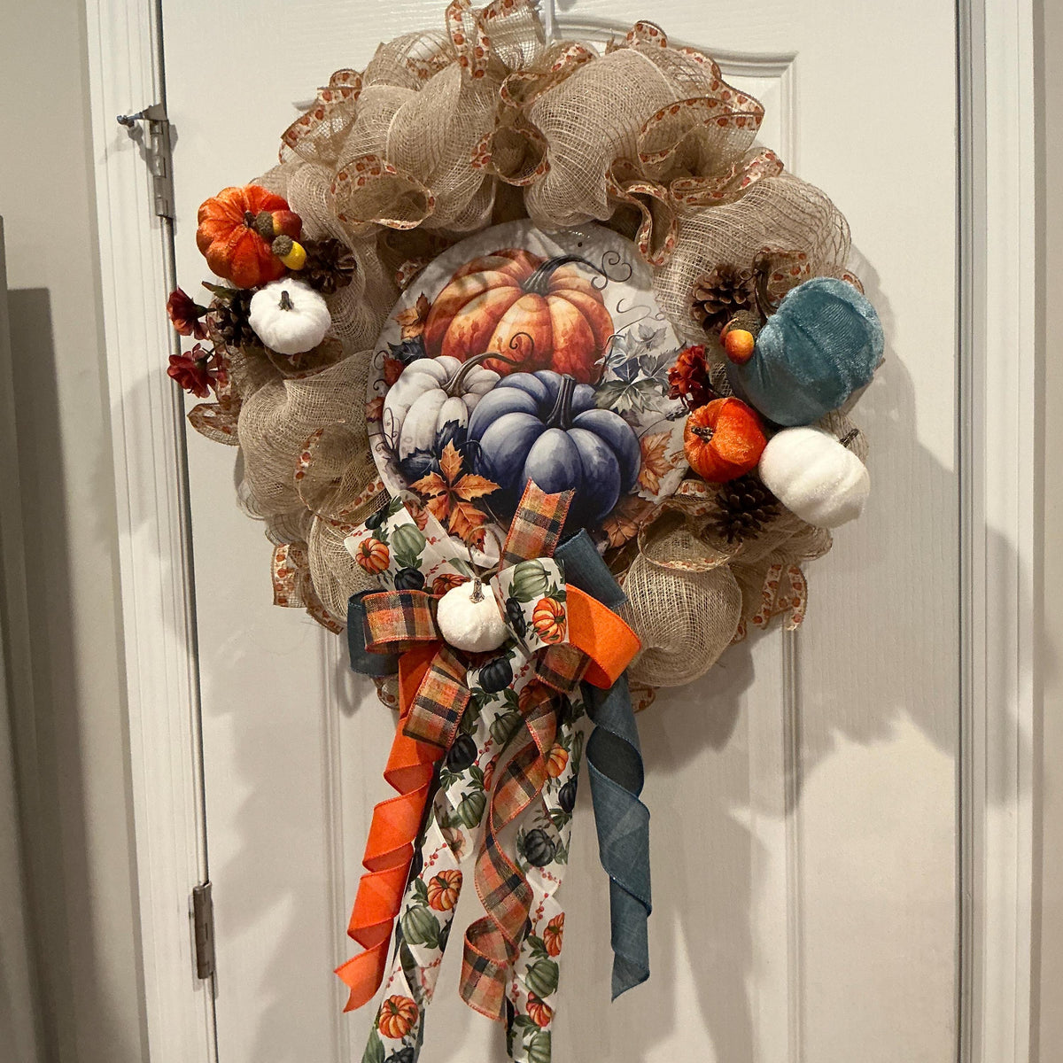 Navy Blue Pumpkin Fall Wreath, 18 Inch Burlap Mesh with Autumn Sign — photo 5