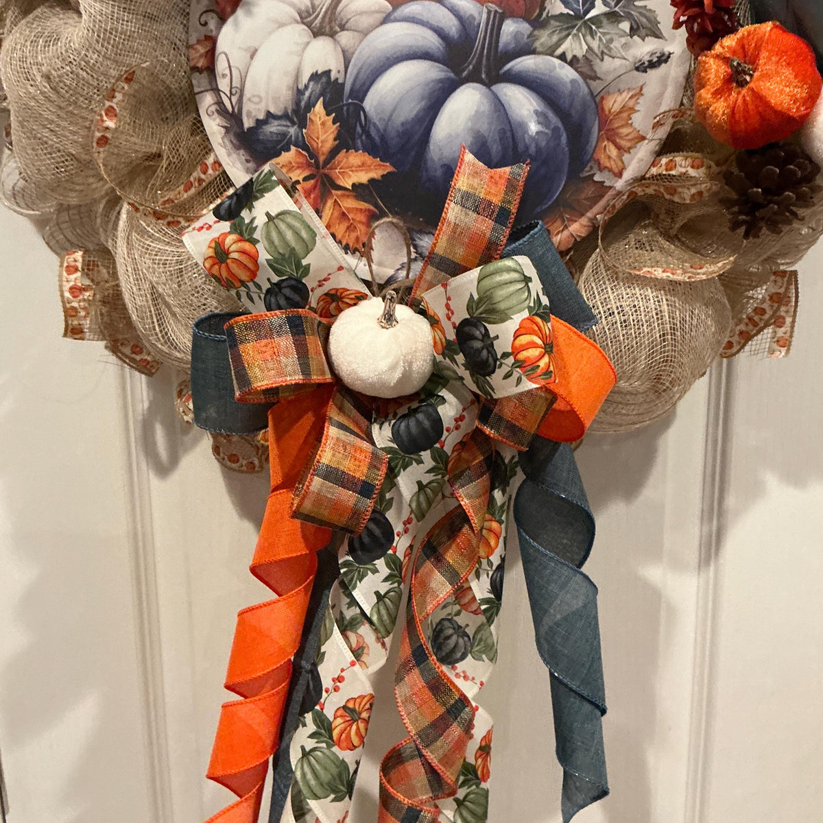 Navy Blue Pumpkin Fall Wreath, 18 Inch Burlap Mesh with Autumn Sign — photo 6
