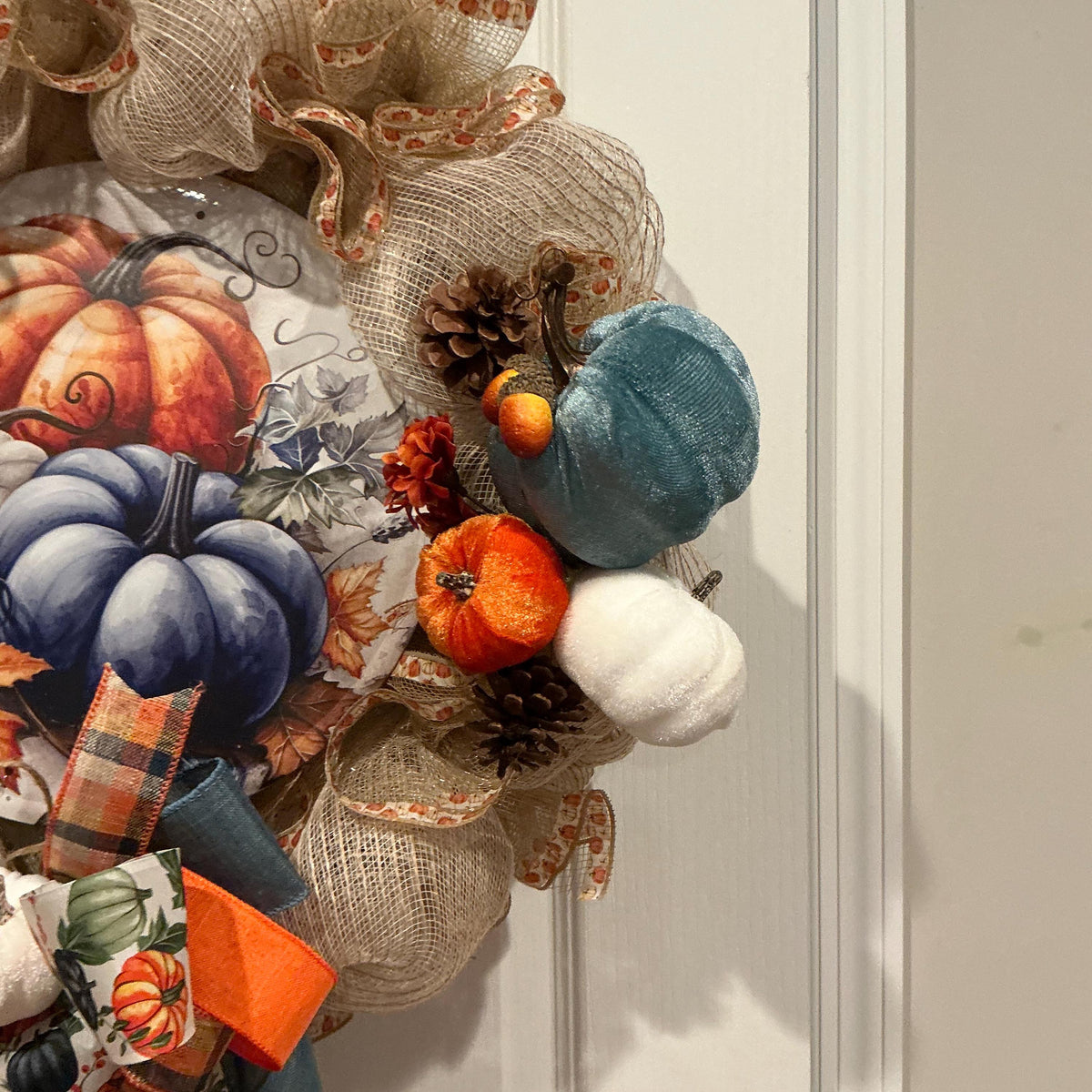 Navy Blue Pumpkin Fall Wreath, 18 Inch Burlap Mesh with Autumn Sign — photo 7