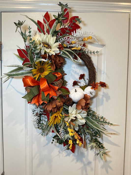 Grapevine Sunflower Wreath, Rust Orange Floral Swag, Farmhouse Thanksgiving Door Decor, Pumpkin Accent — actual product photo