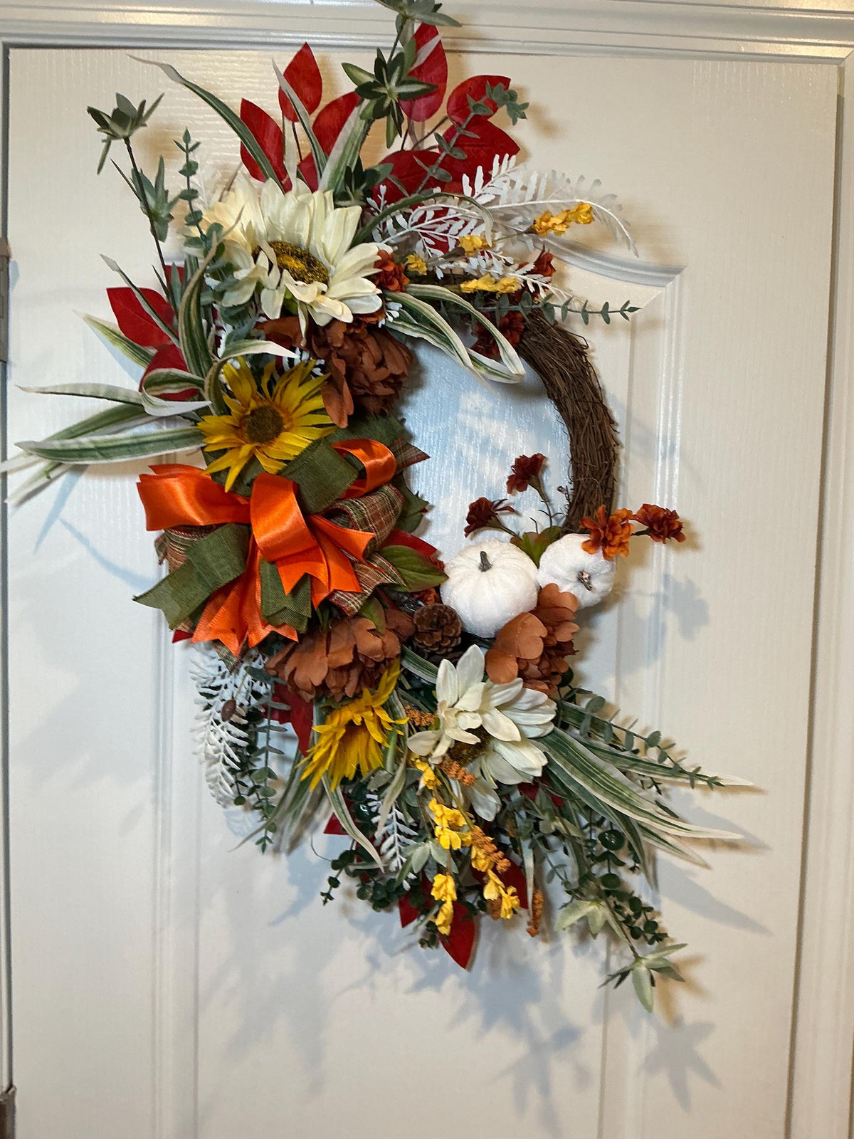 Grapevine Sunflower Wreath, Rust Orange Floral Swag, Farmhouse Thanksgiving Door Decor, Pumpkin Accent — photo 4