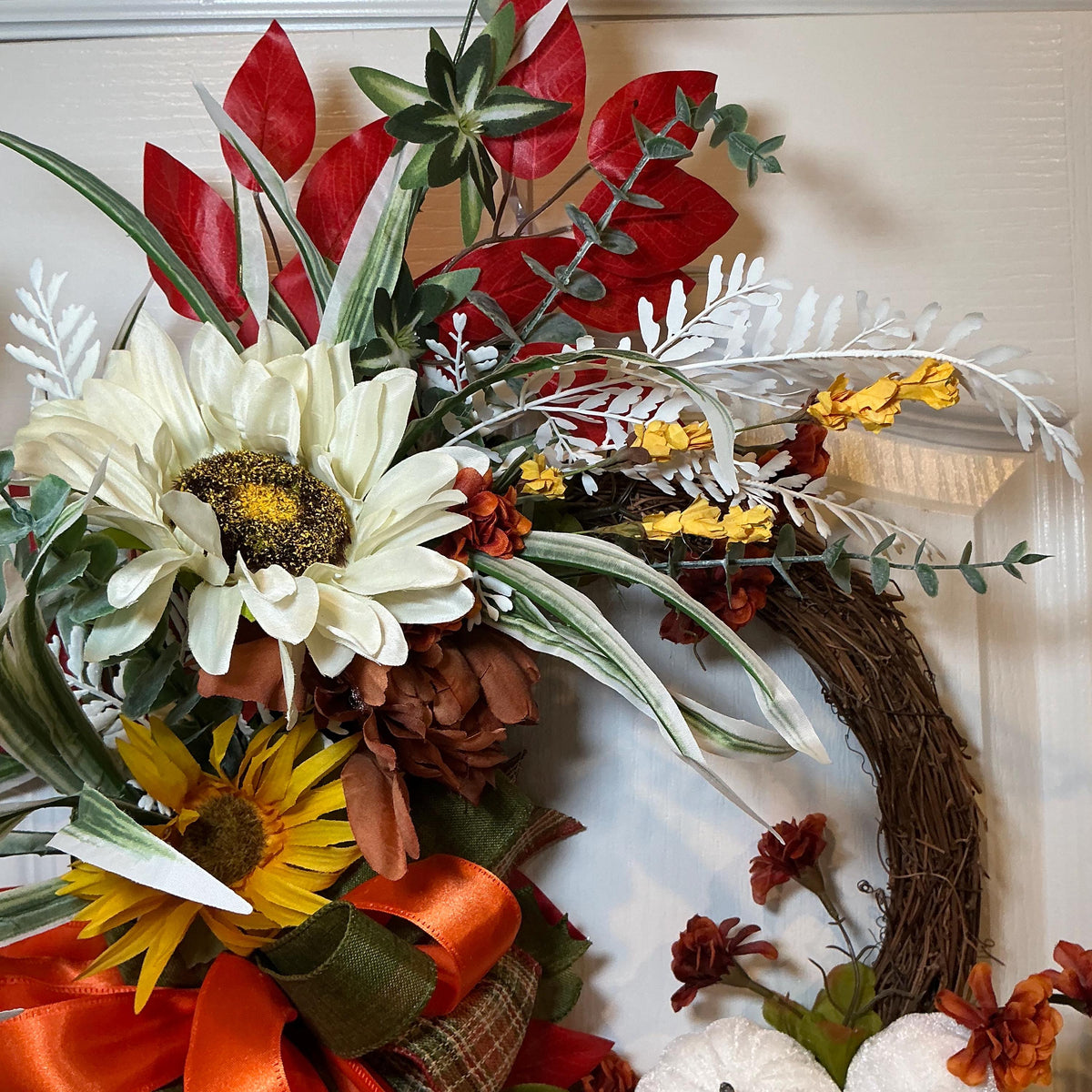 Grapevine Sunflower Wreath, Rust Orange Floral Swag, Farmhouse Thanksgiving Door Decor, Pumpkin Accent — photo 5