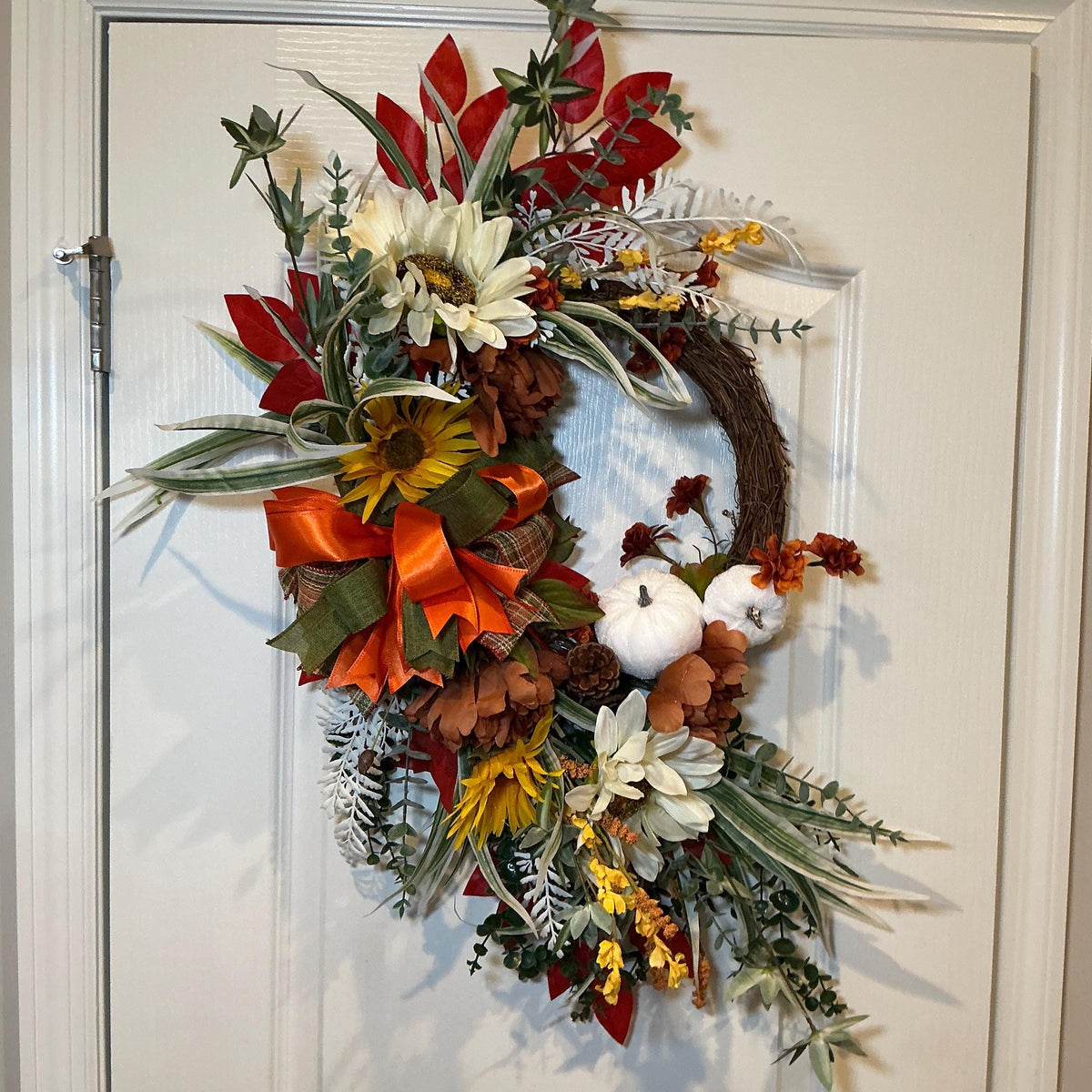 Grapevine Sunflower Wreath, Rust Orange Floral Swag, Farmhouse Thanksgiving Door Decor, Pumpkin Accent — photo 6