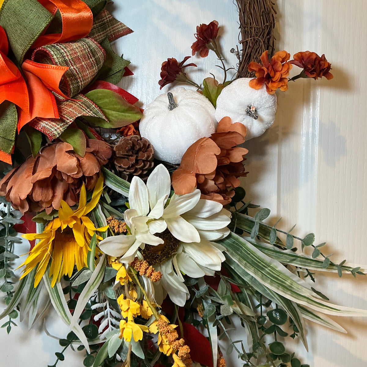 Grapevine Sunflower Wreath, Rust Orange Floral Swag, Farmhouse Thanksgiving Door Decor, Pumpkin Accent — photo 8