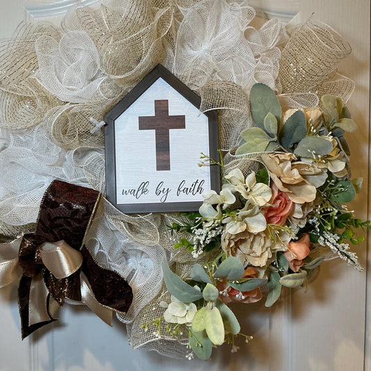 Church House Cross Sign Wreath, Walk By Faith Champagne Floral Decor, Farmhouse Religious Home — actual product photo 