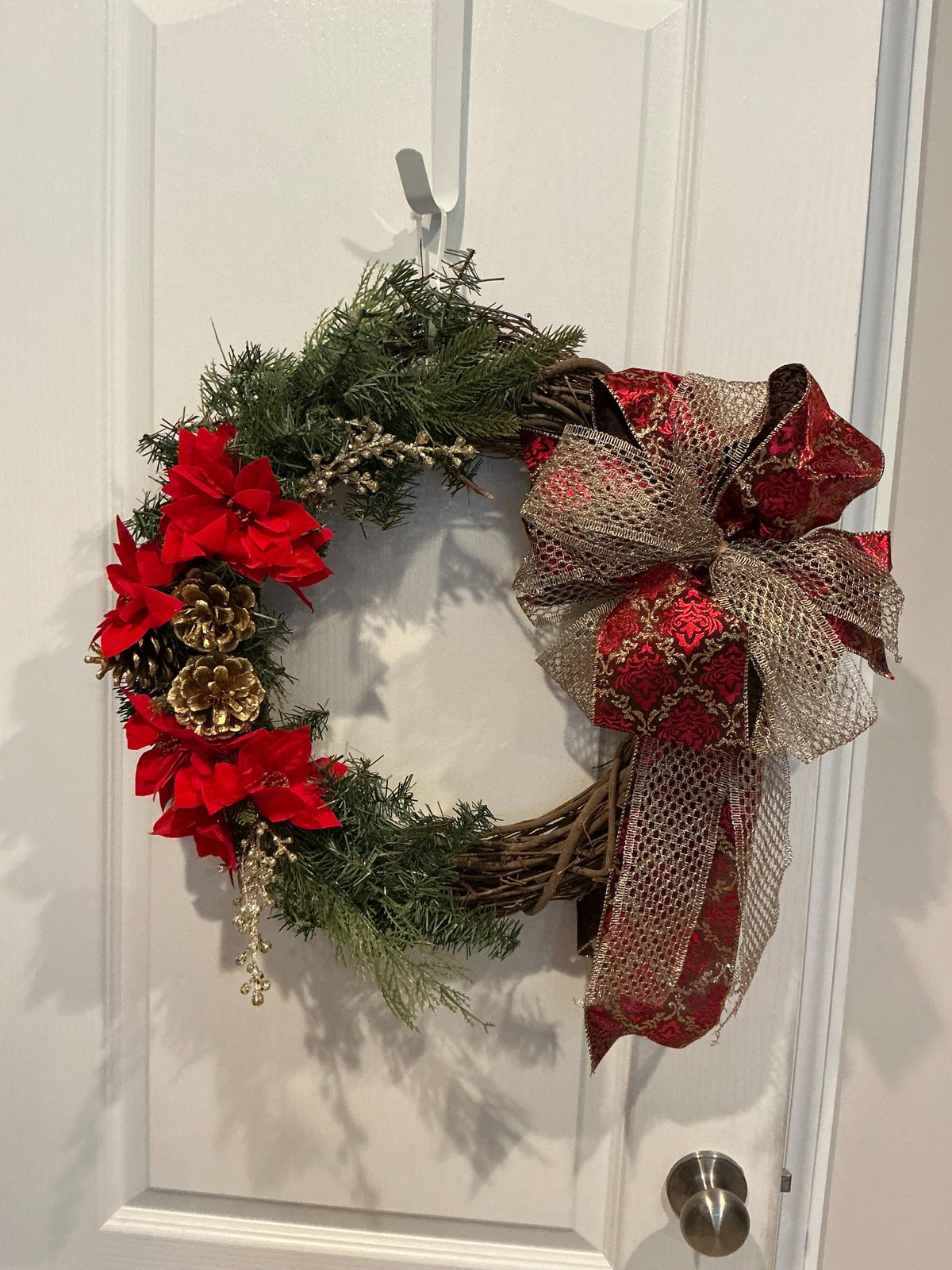 Christmas Wreath, Red Gold Poinsettia, Grapevine Holiday Decor, Pinecone Elegant Front Door, 16 Inch — actual product photo