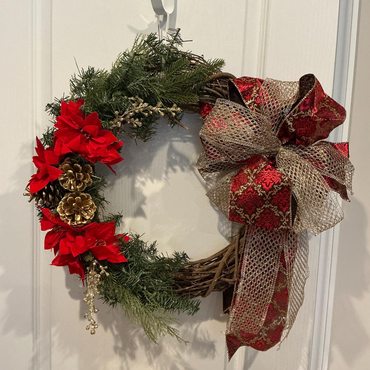 Christmas Wreath, Red Gold Poinsettia, Grapevine Holiday Decor, Pinecone Elegant Front Door, 16 Inch — photo 2
