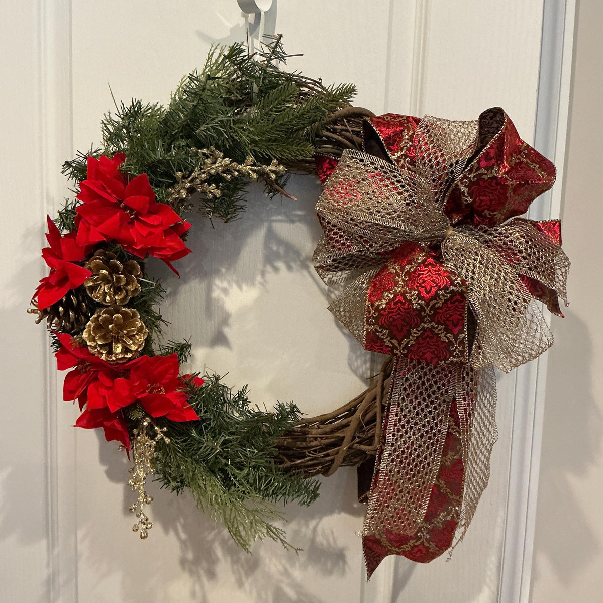Christmas Wreath, Red Gold Poinsettia, Grapevine Holiday Decor, Pinecone Elegant Front Door, 16 Inch — photo 3